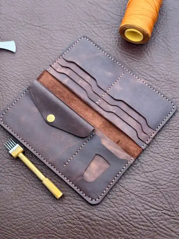 Flip Long Wallet – Maroon-Tone Brown Wax Pull-Up Leather